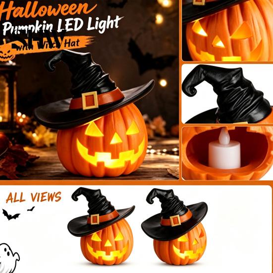 Weighted Solid Resin Figurines Halloween Pumpkin Ornament with Witch Hat, Jack O Lantern Decorative Lamp, Tabletop Figurine for Party Spooky