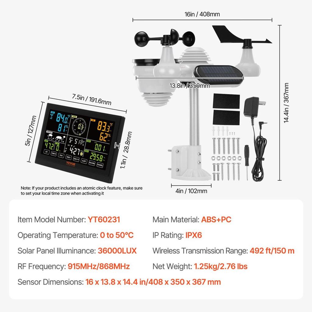 7-in-1 Wireless Weather Station, 7.5 in Large Color Display, Digital Home Weather Station Indoor Outdoor, for Temperature Humidity Wind