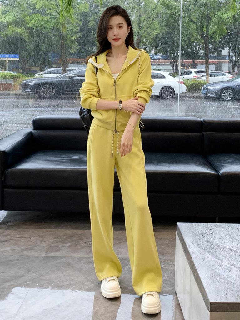 Women's High-End Casual Hooded Cardigan and Wide-Leg Pants Set for Spring/Autumn 2026