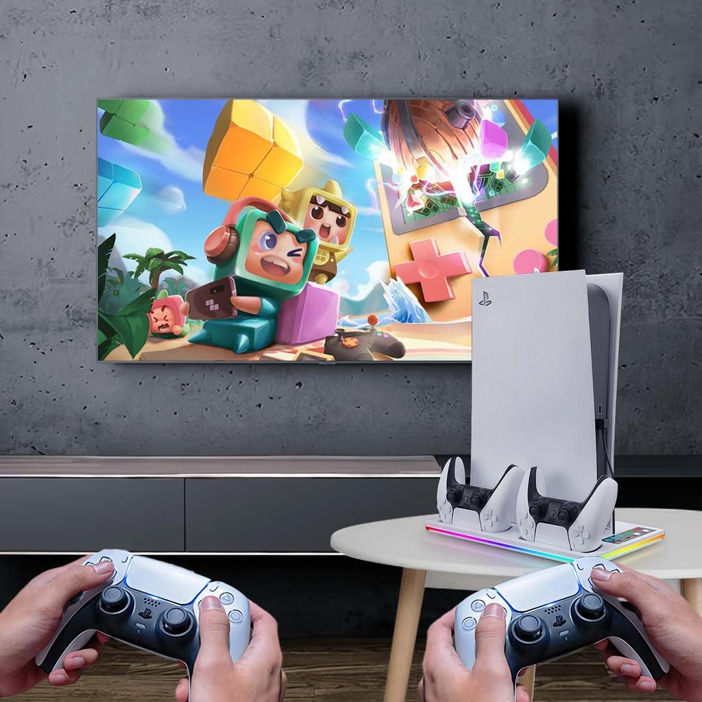 Tomistan Vertical Stand for PS5 Slim with Cooling Fan for Fast 10 RGB Ambient LED Charging Heat 3 Fan Simultaneous Compatible with Versions