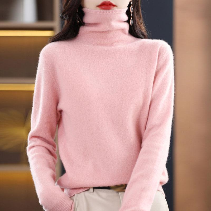 Suéter de Cachemira de Visón de Cuello Alto para Mujer Jersey para Mujer Otoño e Invierno Suéter de Punto Suelto Bajo Moda Top Básico