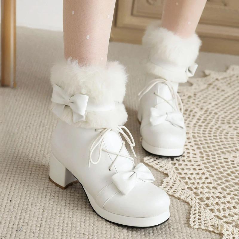 

Модные женские ботильоны с бантом, милые каваийные ботильоны на платформе с толстым каблуком и круглым носком, для косплея, удобная готическая обувь, большой размер 44 43 белый