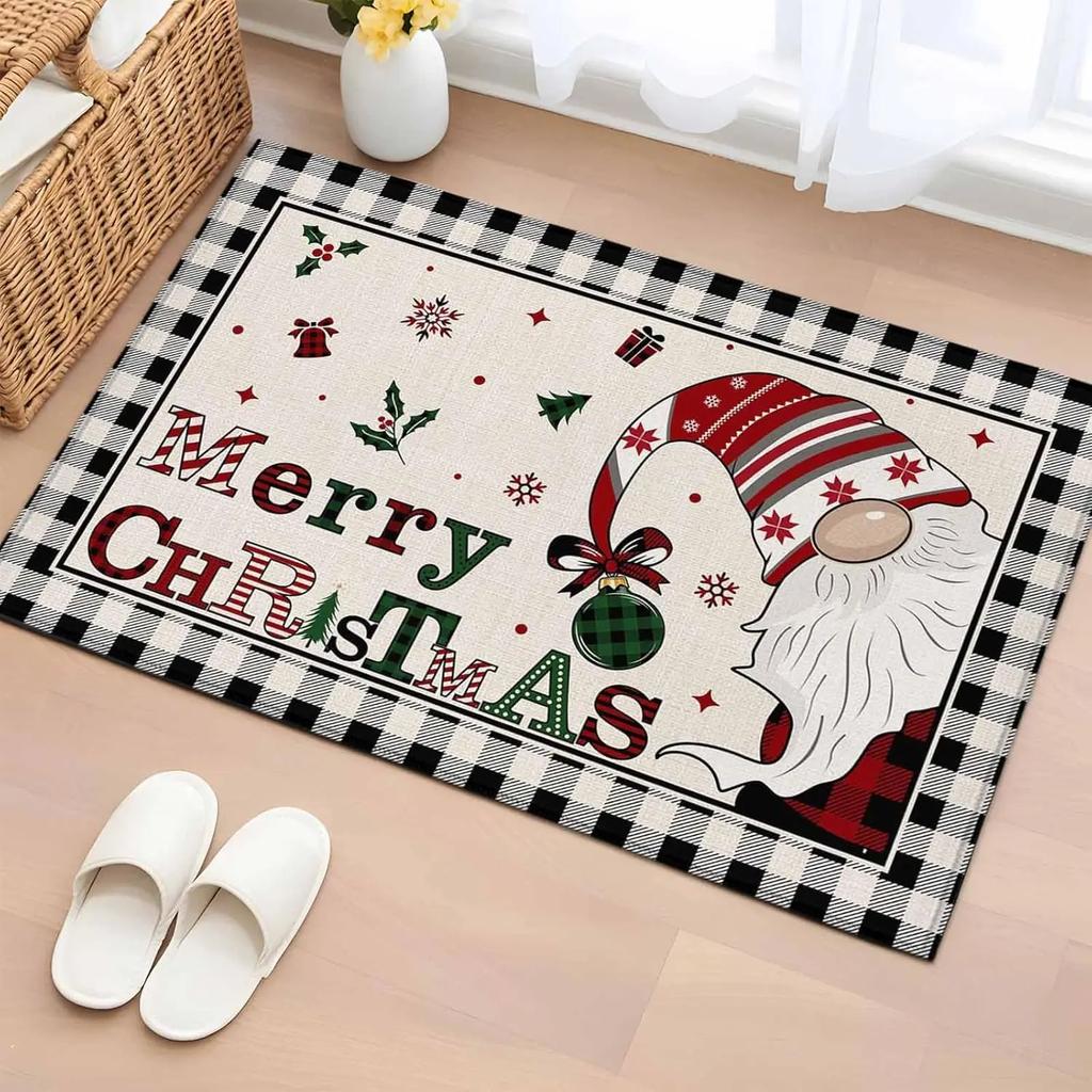 Merry Christmas Indoor Door Mat Gnome Xmas Tree Snowflake Red Black Plaid Front Door Mat Non Slip Washable Entryway Rug