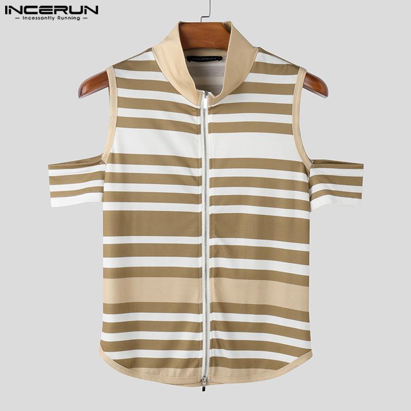 INCERUN Summer Men Cutout Short Sleeve Stitching Zipper Up Striped Casual T-shirts