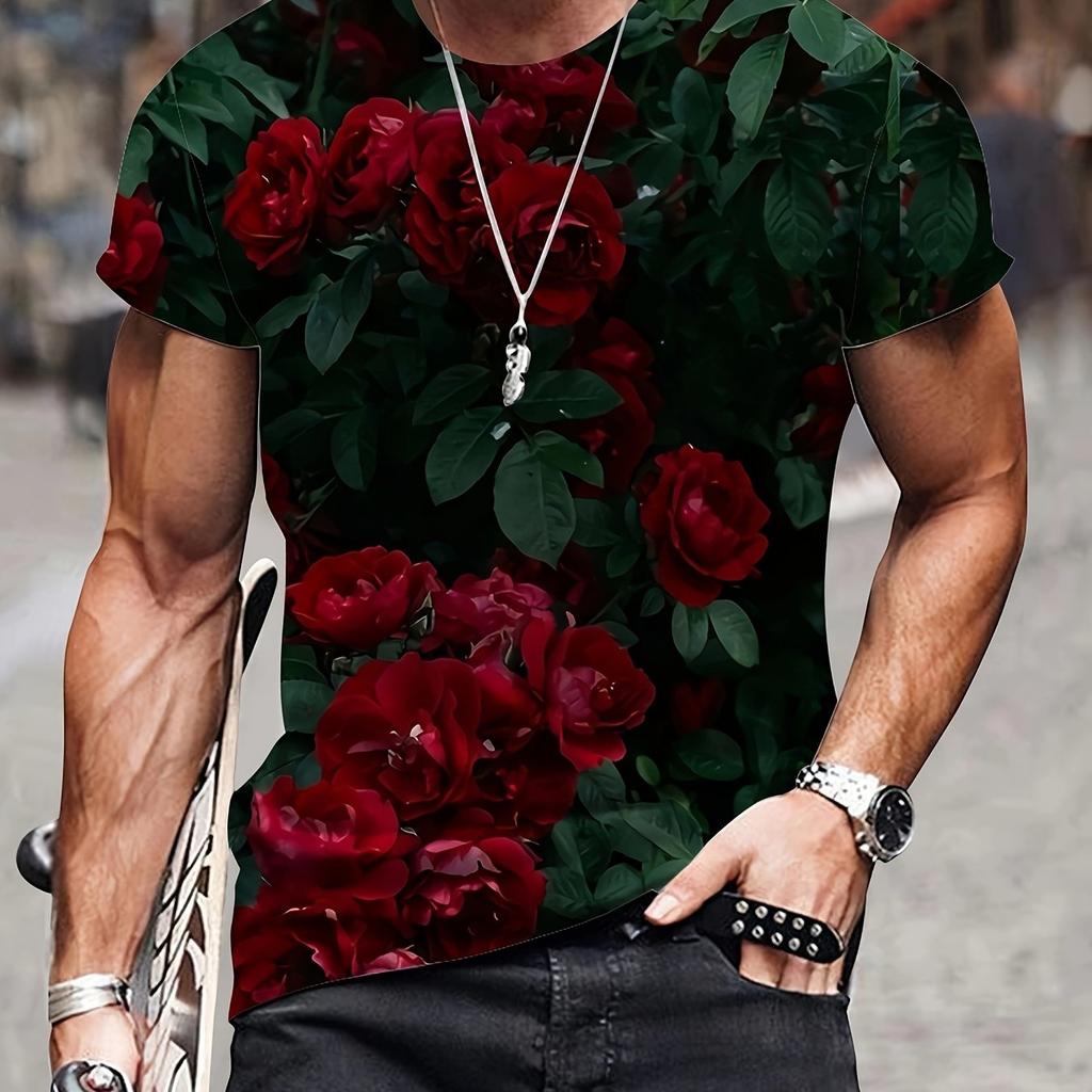Trend 3D Printing Men's Fashion Casual Simple Short-sleeved T-shirt Comfortable Breathable Cherry Blossom Print Short Sleeve