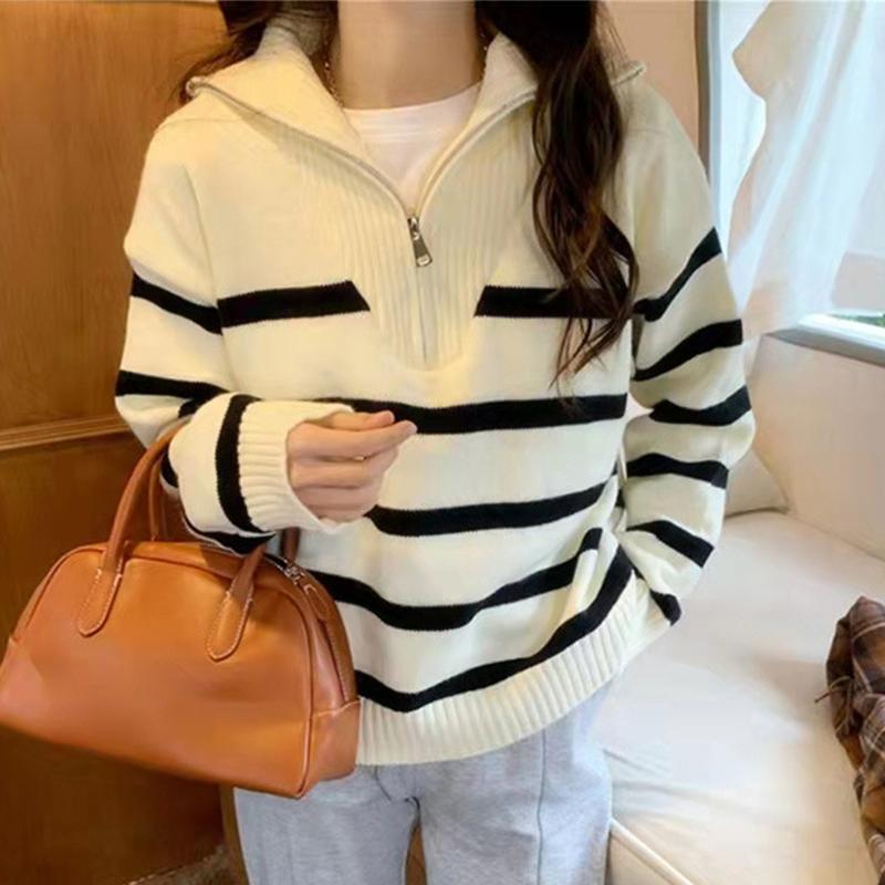 Maglione da Donna Casual Largo con Collo Alto e Zip a Strisce Lavorato a Maglia Pullover Autunno Inverno Top Caldi Maglieria Primaverile