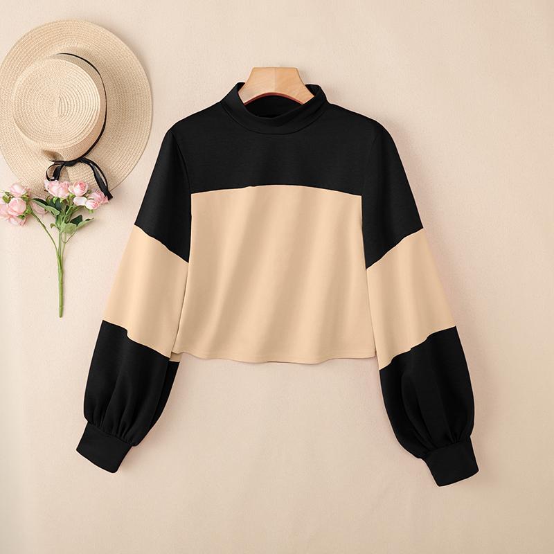 ZANZEA Women Casual Stand Collar Patchwork Loose Long Sleeve Tee Tops