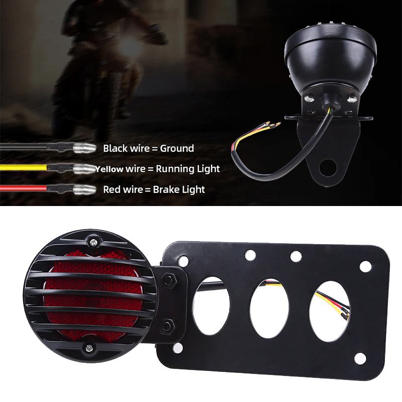 Universal Motorcycle LED Tail Brake Light Side Mount License Plate Bracket Vintage Round Grille Rear Stop Lamp for Harley Sportster Bobber