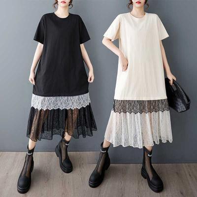 Damen Locker Lässig Spitze Patchwork Mittellang T-Shirt Kleid