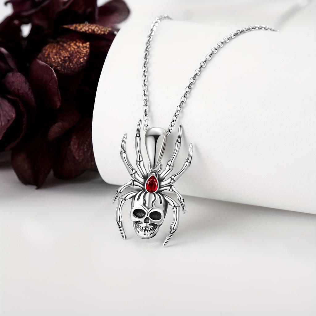 S925 Sterling Silvery Skull Spider Necklace Punk Skull Skeleton Pendant Necklaces Gothic Jewelry for Women