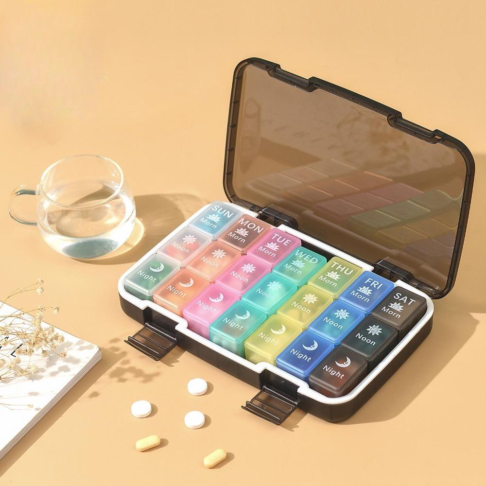 

Еженедельный органайзер для таблеток 3 раза в день 21 отделение Очень большая коробка для лекарств Влагозащищенный 7-дневный дорожный контейнер для таблеток для витаминов чёрный