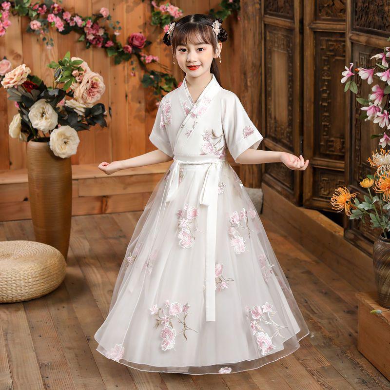 Letnia Sukienka Hanfu w Chińskim Stylu dla Dziewcząt - Elegancka Księżniczka Wróżka z Haftem i Szerokimi Rękawami