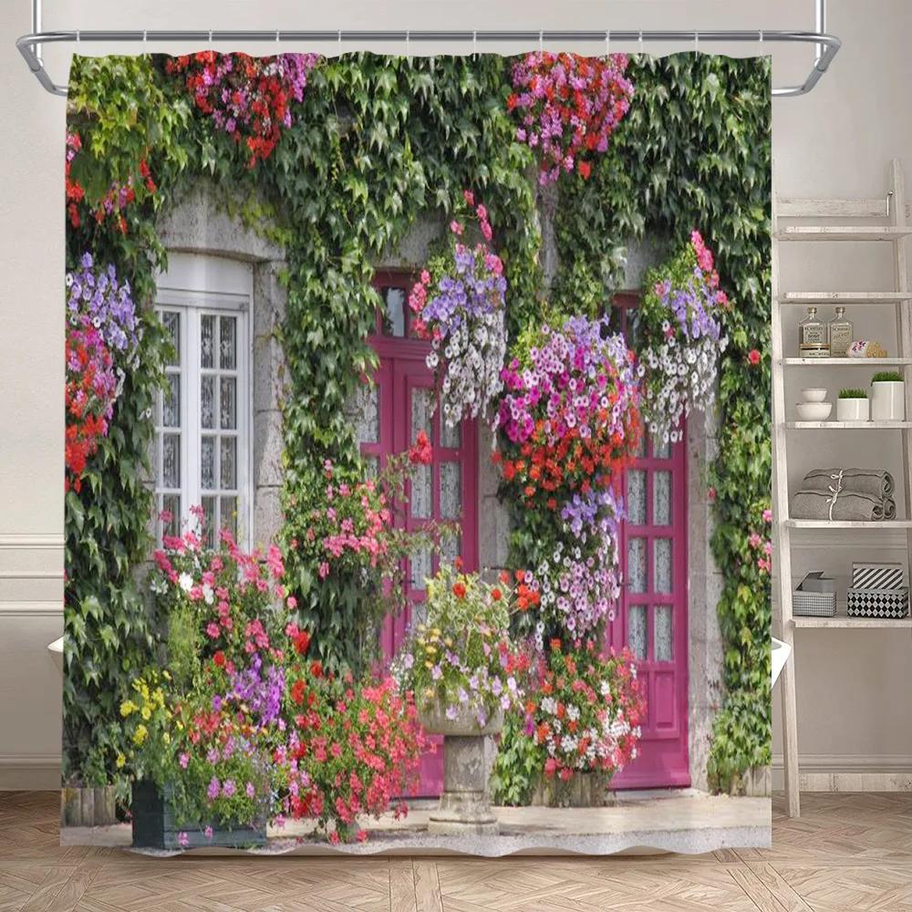 Fence Flowers Shower Curtains Blue Window Nature Floral Plants Scenery Modern Garden Wall Hanging Home Bathroom Decor with Hooks