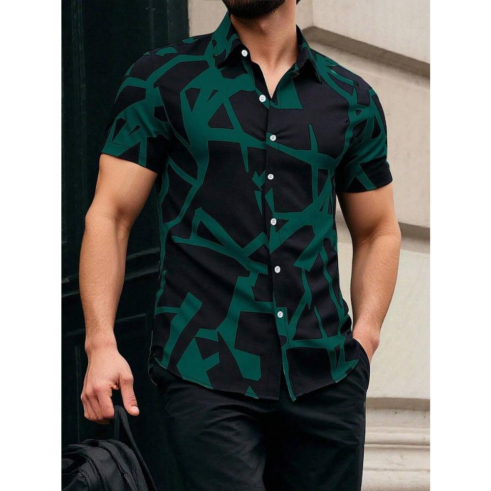 Spring Summer Men Spell Color Short Sleeve Shirt Men Casual 3D Digital Print Simple Style Shirt Tops 100% Polyester