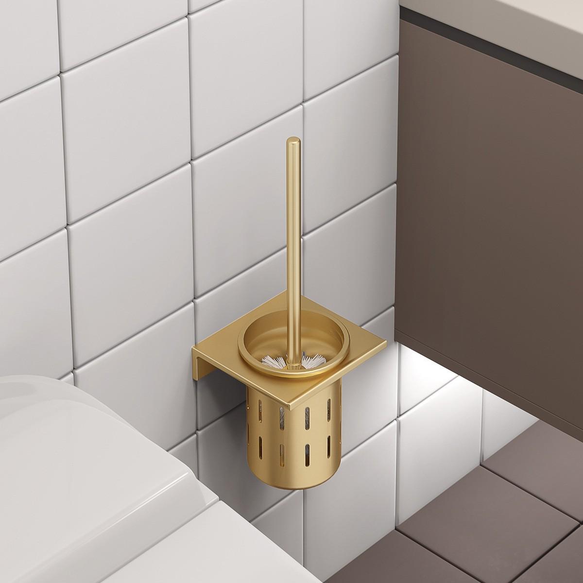 No Punching Bathroom Wall Mounted Space Aluminum Brushed Gold Toilet Brush Holder Toilet Brush Set Cleaning Brush