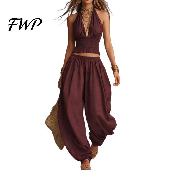 Relaxed Fit Women Suit Women s Halter Sleeveless Summer 2 Piece Sets, Pleated Ruffle Backless Lightweight Two-piece V Neck Top And Wide Leg M вино красного