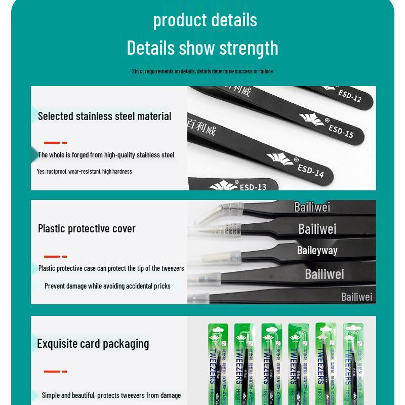 Bailiwei Stainless Steel Antistatic Tweezers Set for Nail Art, Eyelash, and Hair Removal - Includes Curved and Round Tips