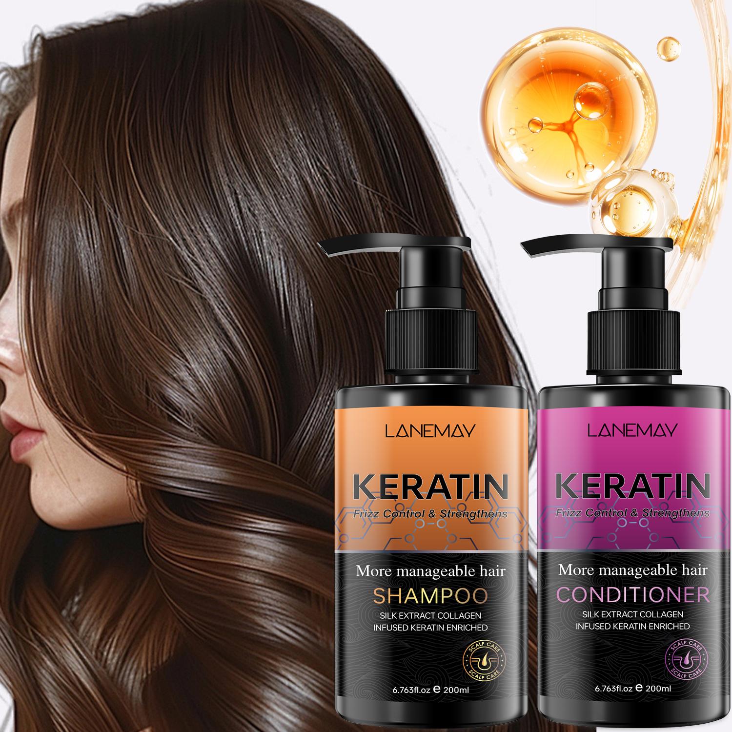 Keratin Shampoo & Conditioner Set-Moisture Scalp-Fizz Control & Strengthens Hair-Suitable For All Hair Types, 200ml+200ml
