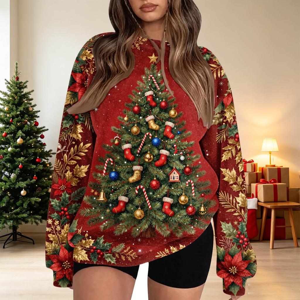 Women's Fashion Flannel Round Neck Printed Long Sleeve Top
