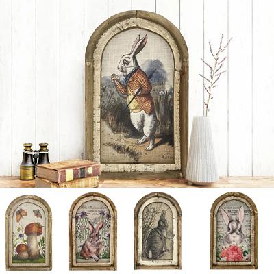 1 peça decoração vintage de Páscoa decoração retrô para casa coelho de madeira pintura a óleo coelho pousada arte impressão