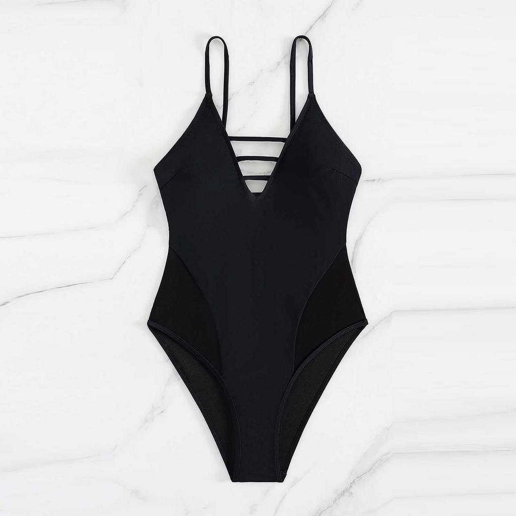 Women One Piece Swimsuit Strappy V Neck Monokini Bathing Suit with Mesh Panel Adjustable Spaghetti Straps Swimwear