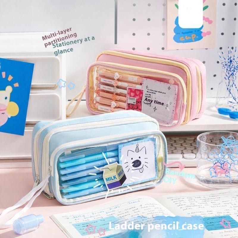 1Pc High-Value Transparent Pen Bag Large Capacity Simple Korean Version Multi-Functional Student Stationery Storage Bag