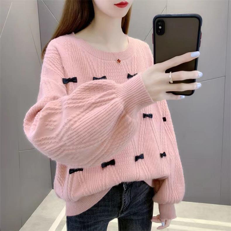 Women's Round Neck Pullover Base Sweater for Autumn and Winter Loose and Lazy Style Butterfly Knot Knit Sweater