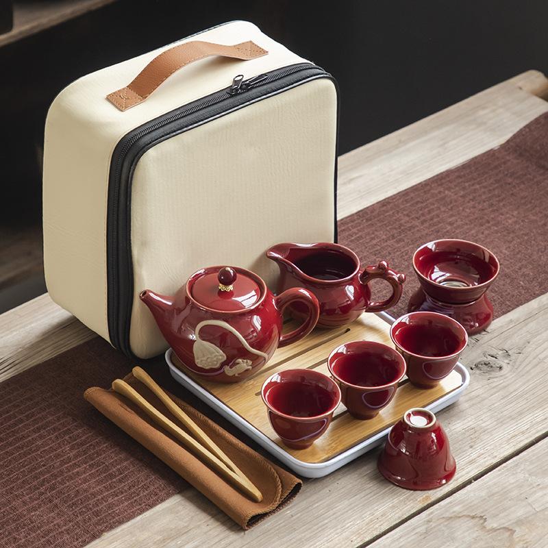 Travel Tea Set, Portable Storage Bag, Creative Ceramic Kung Fu Teapot, Tea Tray, Complete Set of Business Gifts