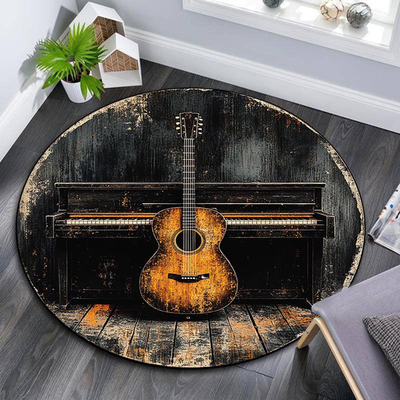 Guitar and Piano Round Area Rug,Carpet Rug for Living Room Bedroom Sofa Playroom Decor,Non-slip Floor Mat
