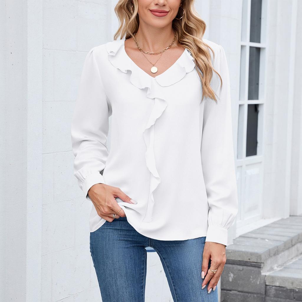 Women's Fashionable Casual Long Sleeved V-neck Pleated Ruffle Edge Shirt Pullover Top
