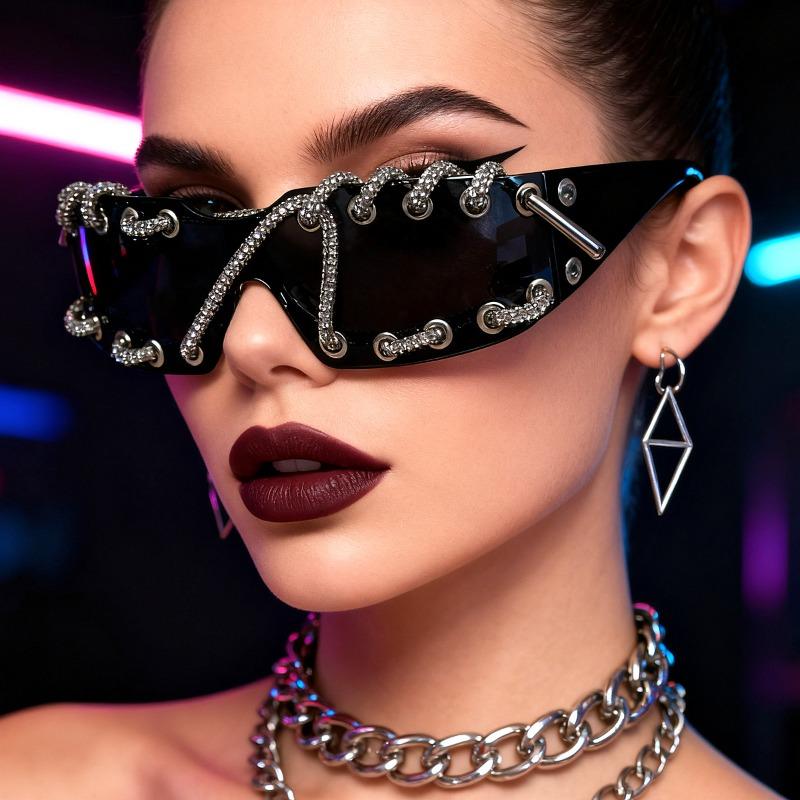Cyberpunk Y2K Frameless Punk Flash Diamond Sunglasses Metal Ring Rivet Retro Futuristic Party Sunglasses
