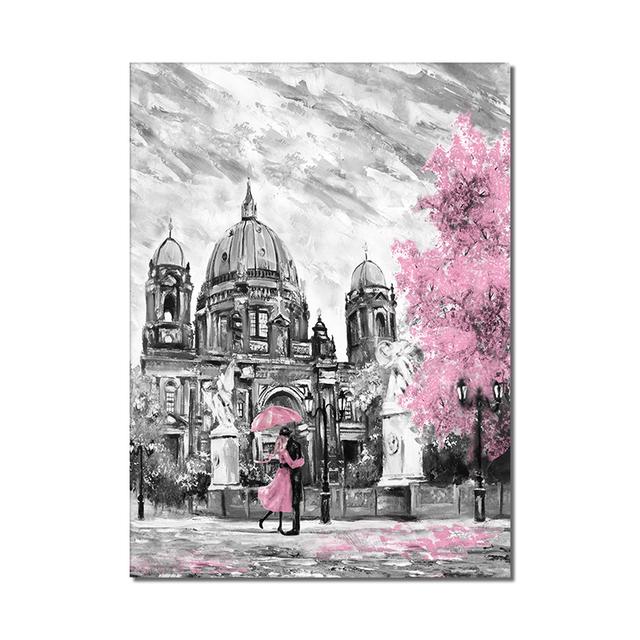 Solid Wood Frame Set Canvas Painting Pink Trees Tower Lovers With Umbrella Modern Street Wall Art Posters And Prints Home Decor