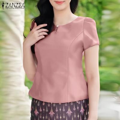 Women Summer Round Neck Casual Short Sleeve Plain Blouse