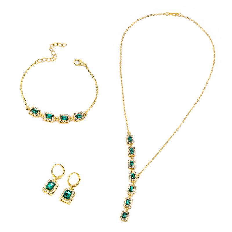 Luxury Super Flash Full Diamond Square Emerald Necklace Set, Yellow Pink Crystal Bracelet Earrings Jewelry