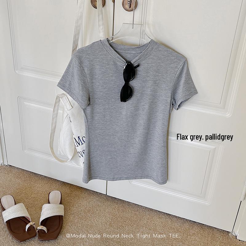 

Женская приталенная футболка с коротким рукавом и круглым вырезом - Ощущение обнаженности, Прямое плечо, Удобная посадка Medium