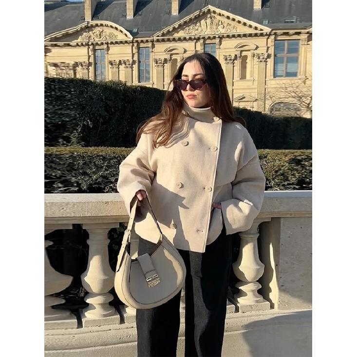 Solid High Neck Double Button Topcoat Dropped Shoulder Loose 2026 Autumn Short Elegant Jacket Women Urban Casual Lady Outerwear