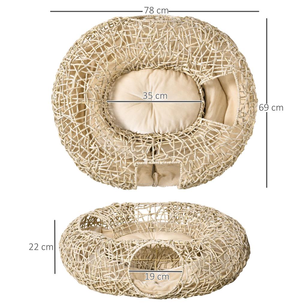 Rattan Cat Bed 78x69x22 Cm Plump Cat Basket with Soft Cushion 3 Access Holes Cat Tunnel Natural Wood