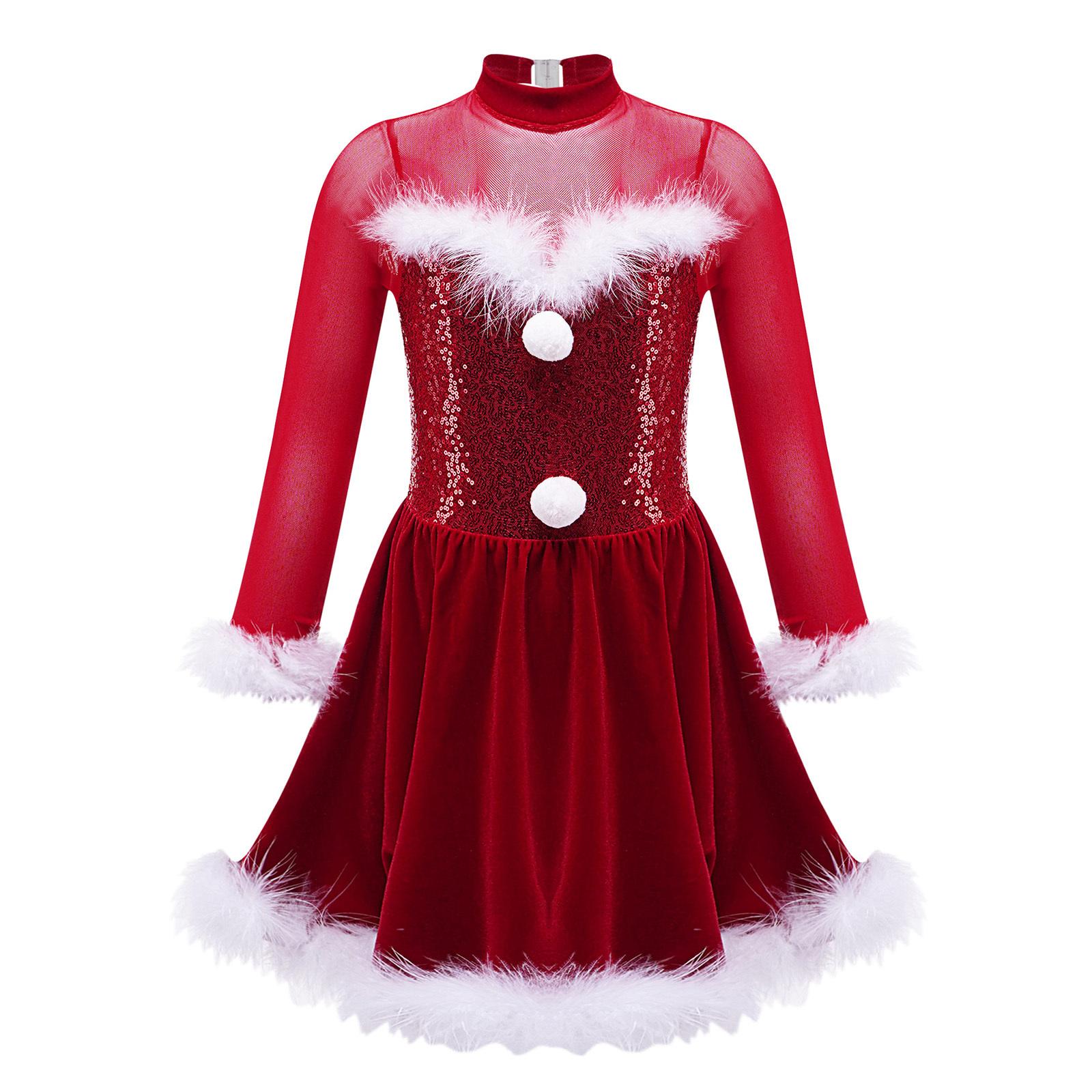 

Girls Christmas Shiny Sequin Dance Dress Long Sleeve Feather Keyhole Back Jumpsuit Dress Performance Costume 5-6 Years червоний