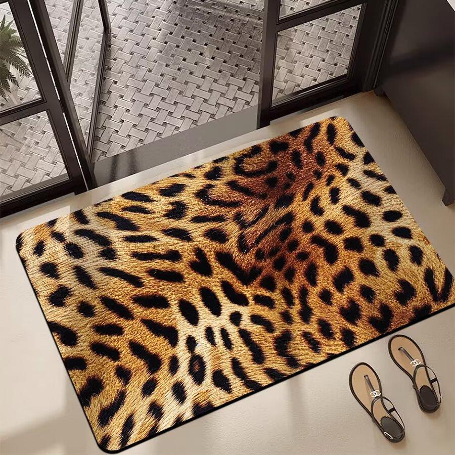 Leopard Flannel Bathroom Absorbent Floor Mat Toilet Floor Mats Dirt Resistant and Quick Drying Entrance Door Mat Home Decoration
