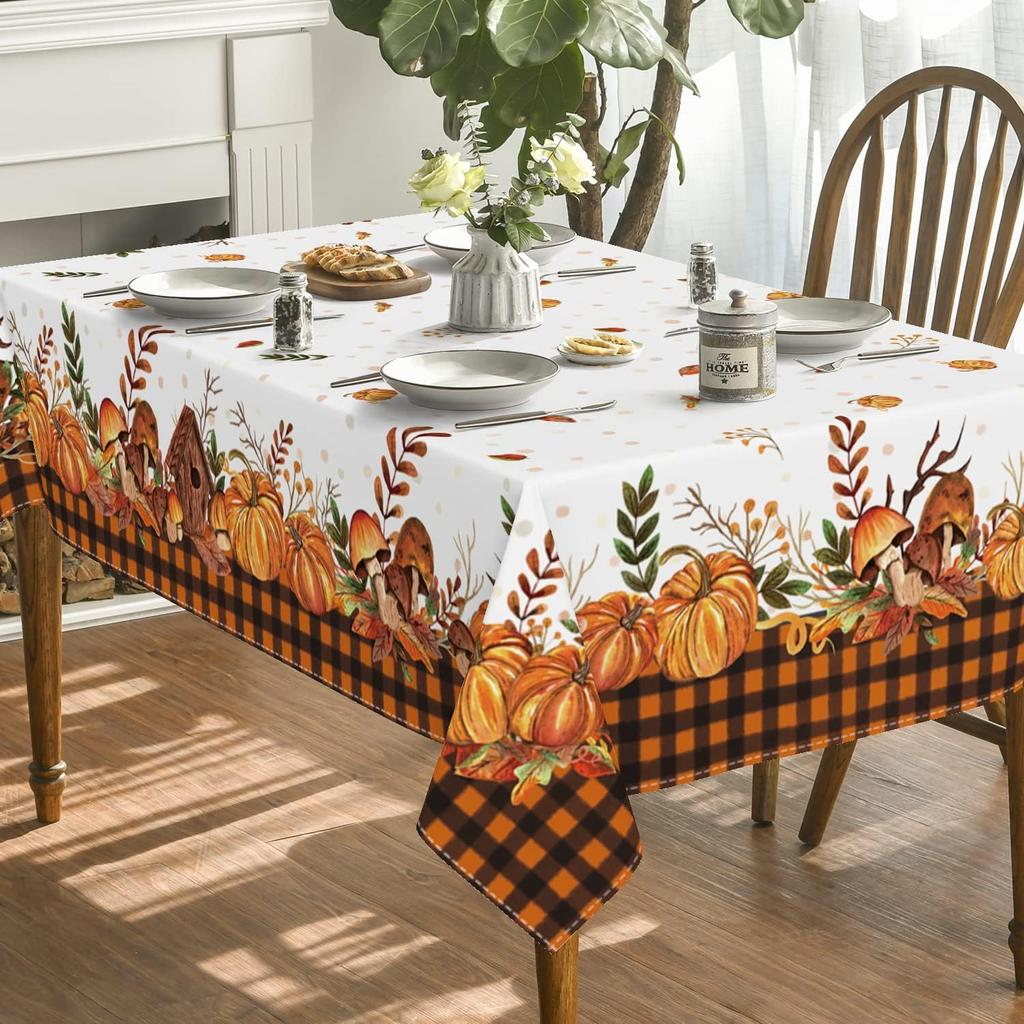 Fall Rectangular Tablecloths Thanksgiving Autumn Harvest Pumpkin Mushroom Orange Buffalo Plaid Tablecover Home Party Table Decor