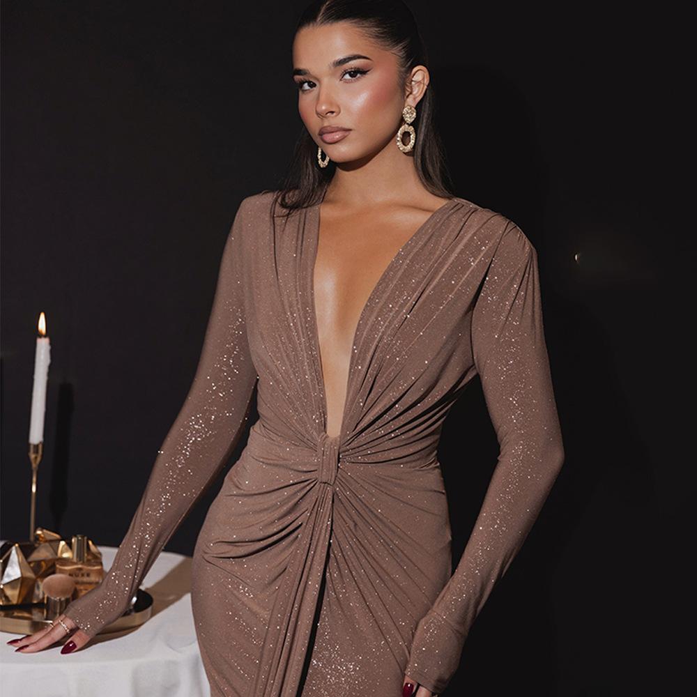 Long Sleeve Ruched Sexy Maxi Dress For Women Gown Fashion Skew Collar Draped Thigh High Split Club Long Dress