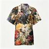 Men’s Short Sleeve Cotton Linen Shirt with Animal and Botanical Print Casual Collared Button Down Top for Spring and Summer