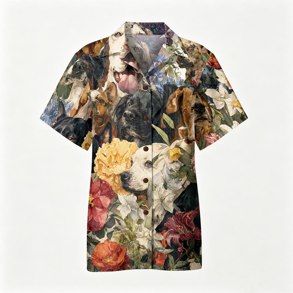 Men’s Short Sleeve Cotton Linen Shirt with Animal and Botanical Print Casual Collared Button Down Top for Spring and Summer