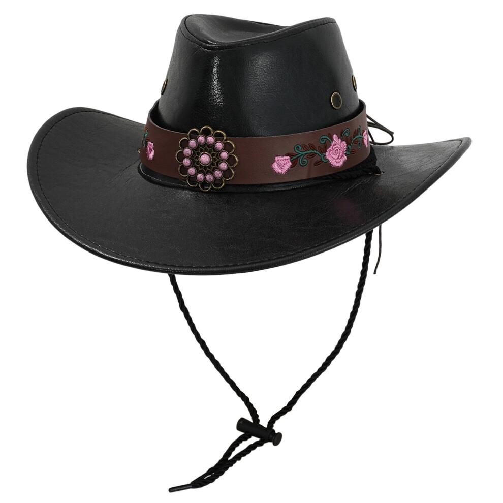 (One Size, Brown) PU Cowgirl Hat Western Style Sun Hat Stylish Retro Decorative Belt Wide Brim Jazz Cap
