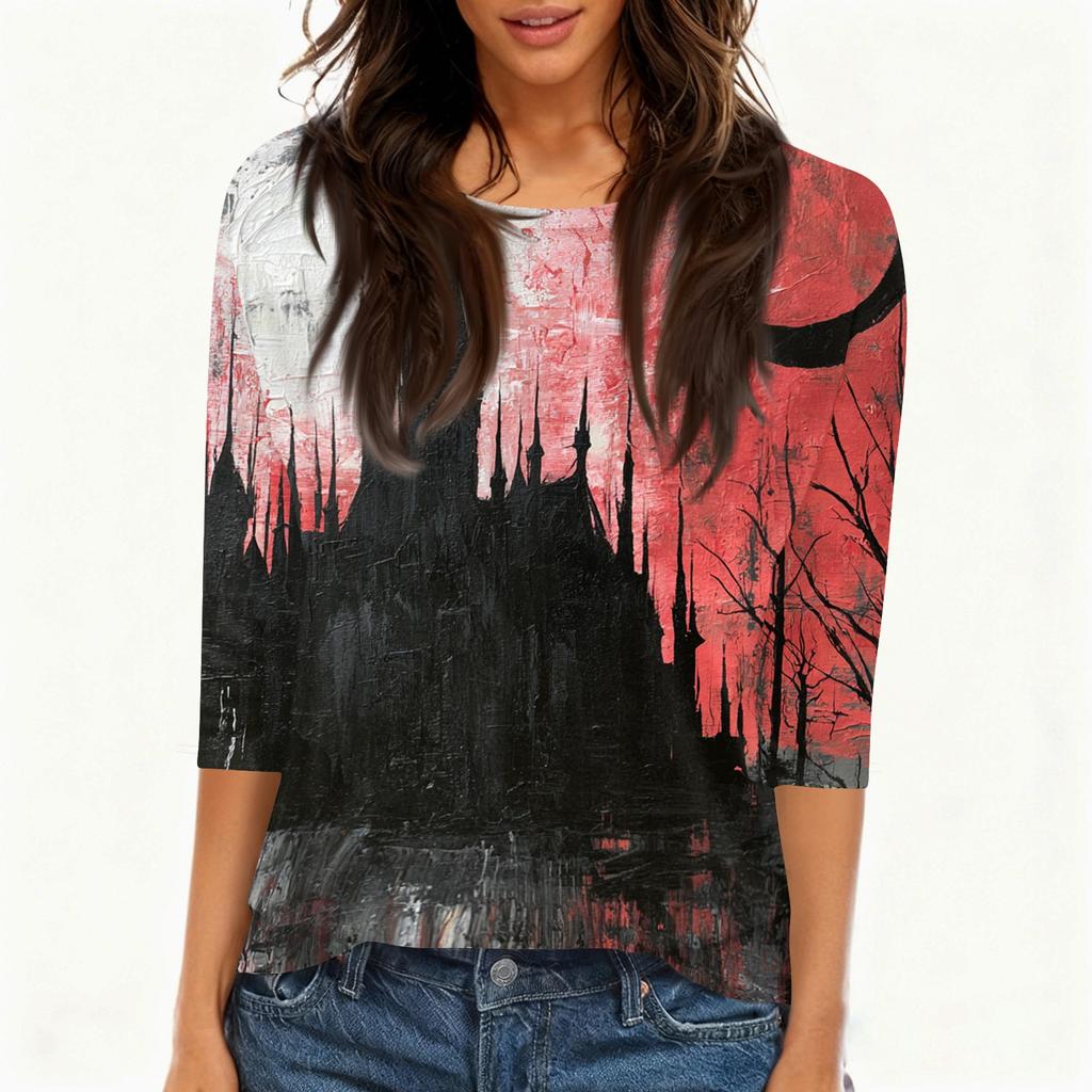 Women's Casual Round Neck Three Quarter Sleeve Halloween Print T Shirt Top Lightweight Comfortable Fit