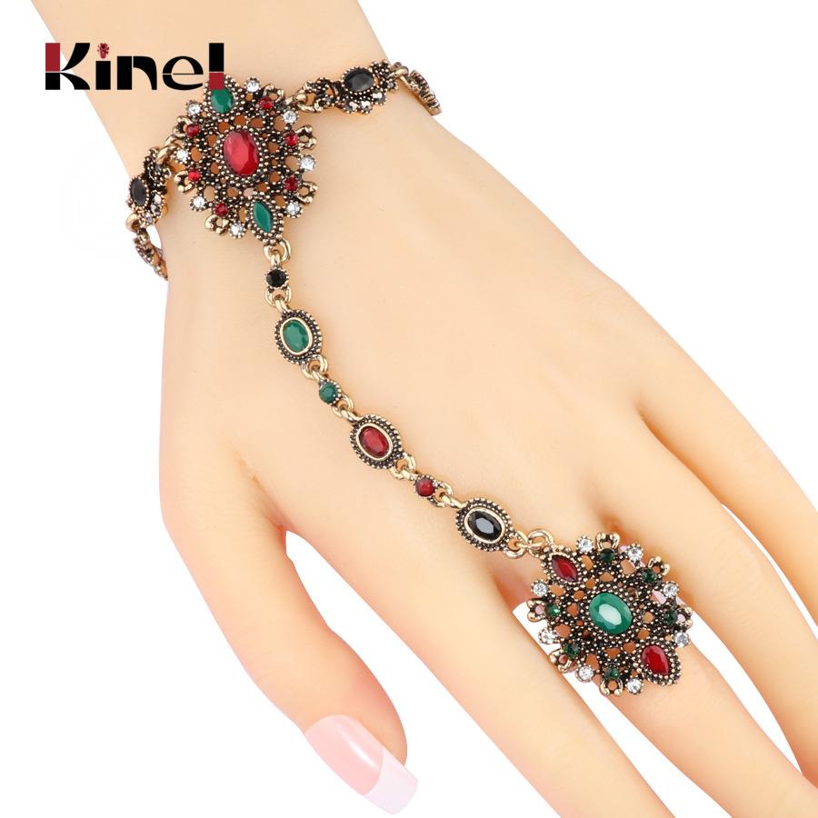 

Kinel Unique Bracelet Link Ring Turkish Jewelry Set for Women Antique Gold Crystal Flower Vintage Wedding Jewelry 2017 New MULTI&resizable&24CM