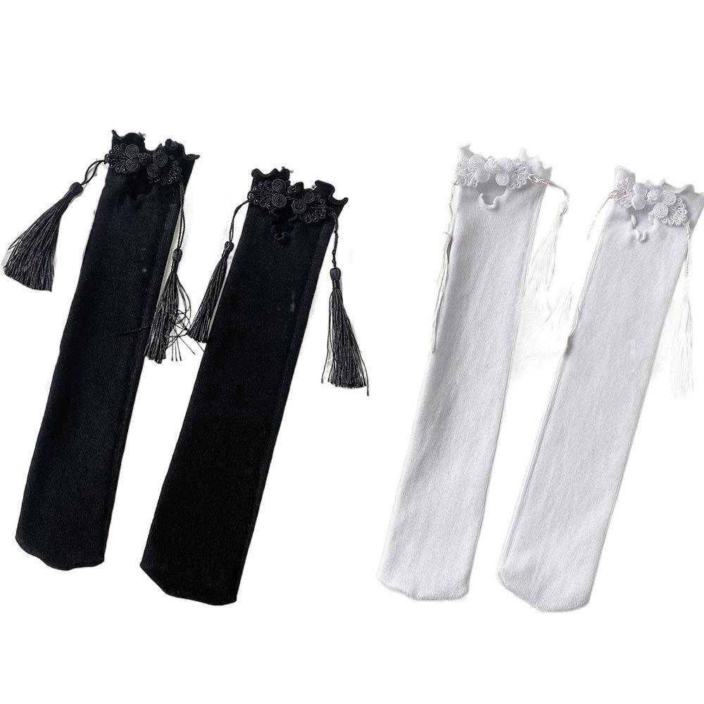 

2Pairs Mid Tube Frog Buckle Tassel Socks Solid Color Socks Women New Chinese Style Socks Girl чорний білий колір