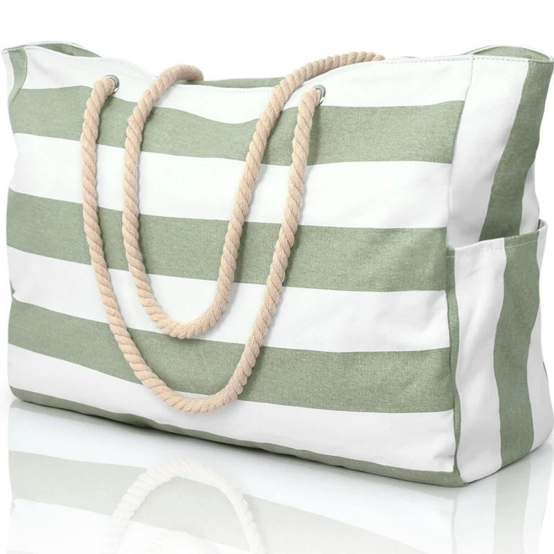 Striped Zipper Outer Bag for Outdoor Travel and Vacati, Waterproof and Sand Resistant Canvas, Cvenient Folding Beach Bag