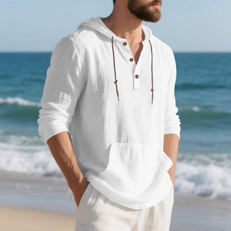 Men's Autumn Sports Casual Long-Sleeved Shirt Cotton-Linen Blend Hooded Pullover Sweatshirt Versatile Loose-Fit Beach T-Shirt
