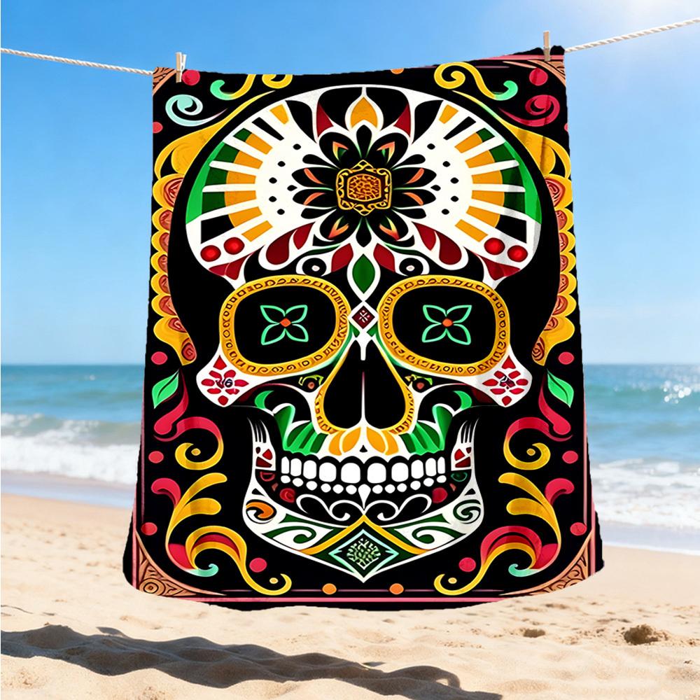 1pc Sugar Skull Artwork Print Outdoor Blanket, Lightweight Polyester,